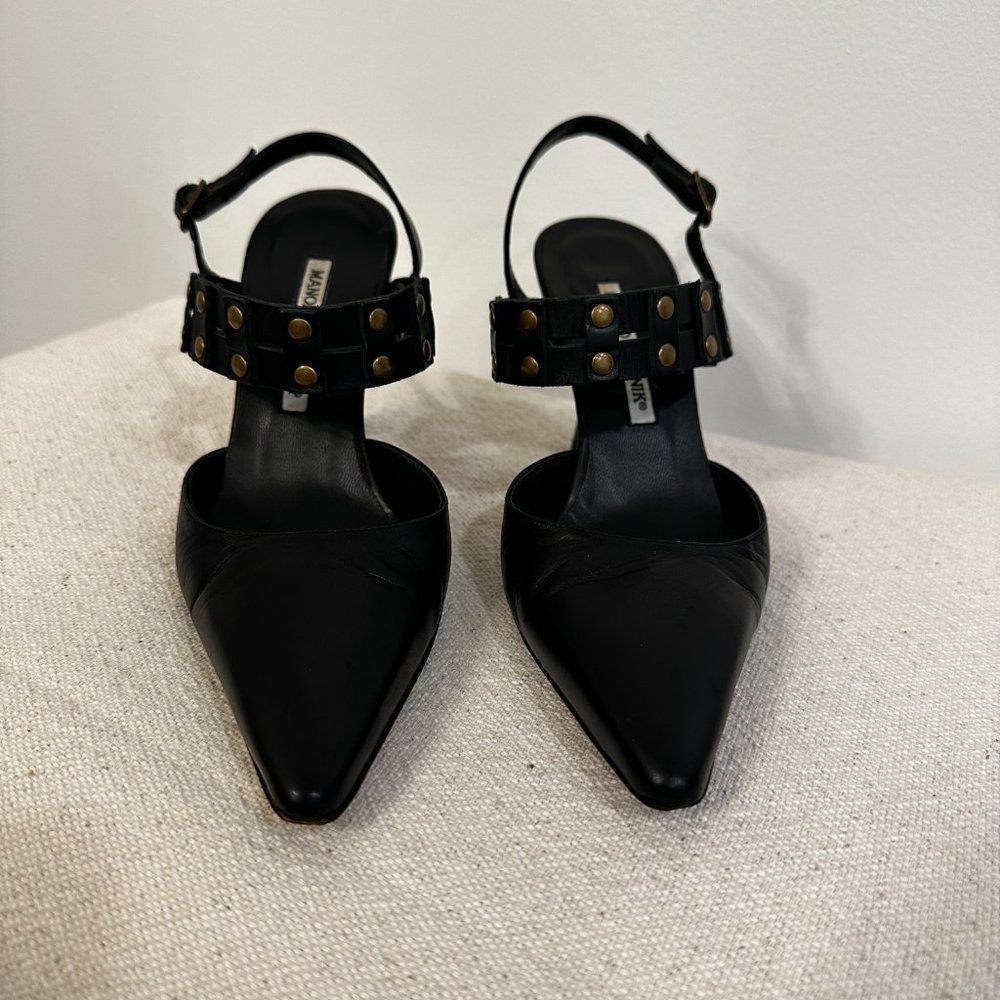 Manolo Blahnik Black Leather Slingback - Picture 2 of 8